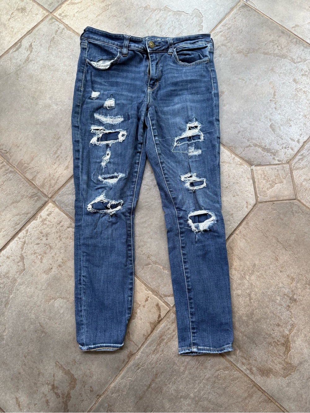American Eagle Outfitters Women's Distressed Skinny Jeans - Dark Blue